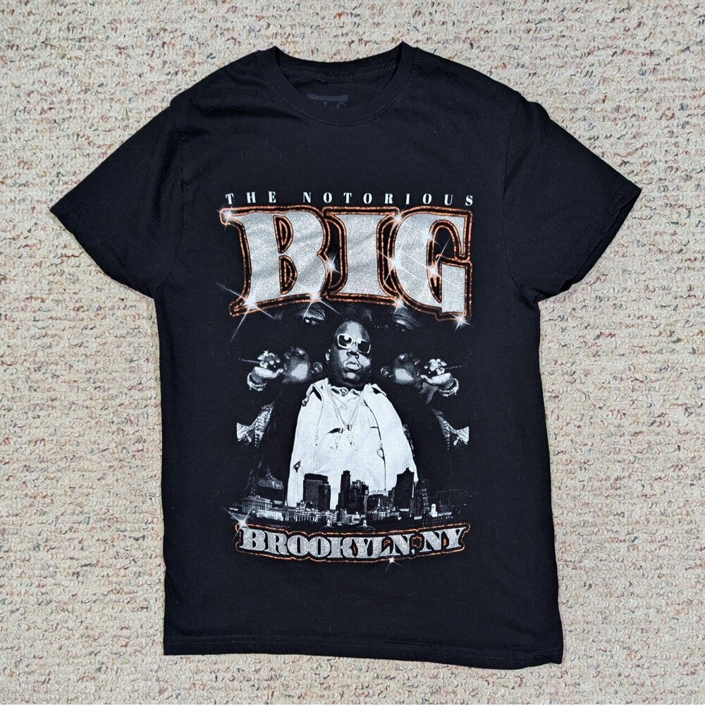 Notorious BIG Brooklyn NY T-Shirt Womens SMALL Glitter Biggie Hip Hop/Rap Tee